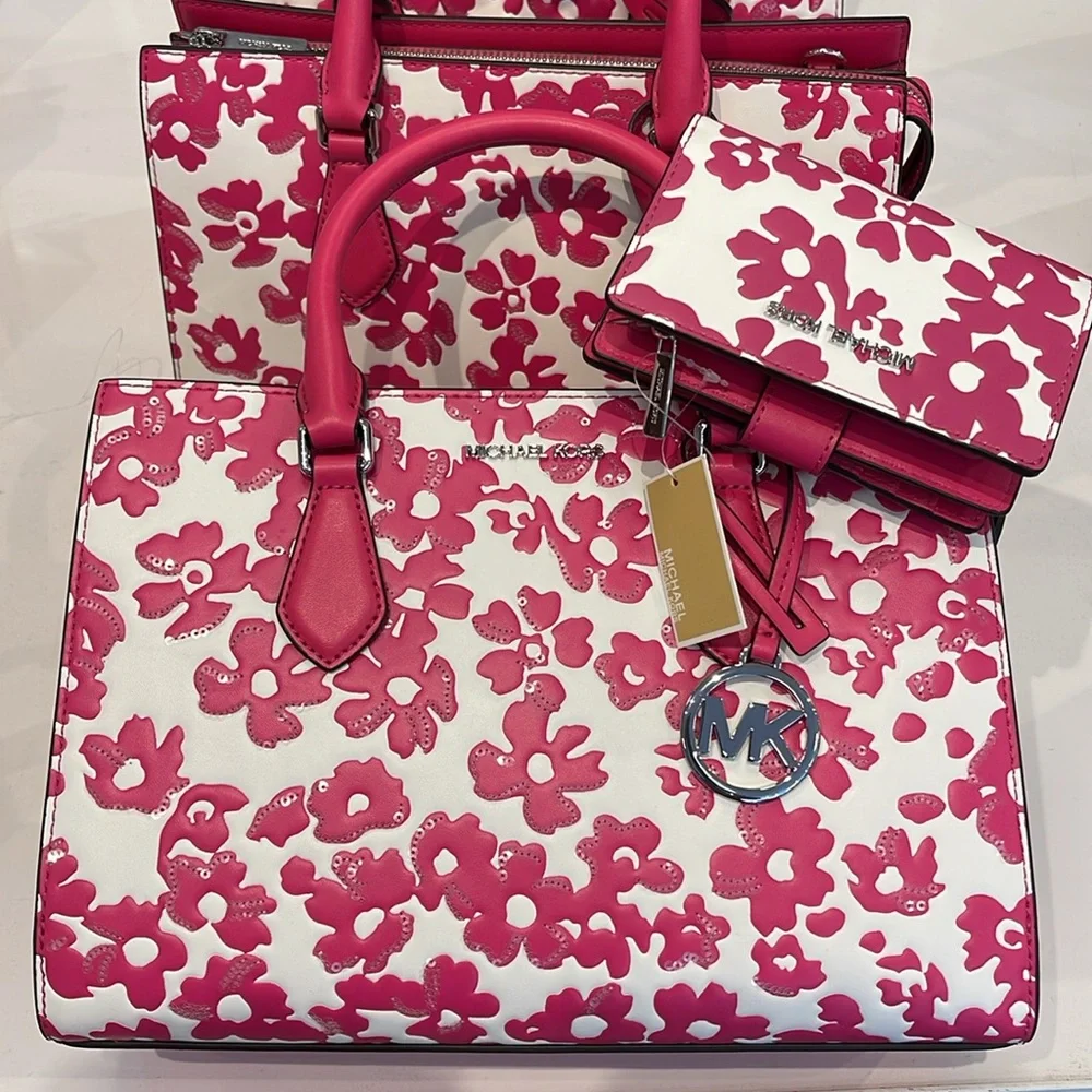 Michael Kors Sheila Md Sequined Floral Print CZ Satchel & JST Md Bi-Fold Wallet - Picture 9 of 16